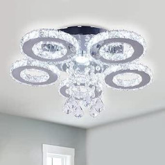 Finktonglan Crystal LED Ceiling Light 5 Rings Modern Chandelier Stainless Steel Pendant Light for Foyer Living Room Dining Room Bedroom (Cool White)