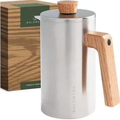 WALDWERK French Press (1L) - Double-Walled Stainless Steel Coffee Maker with Oak Wood Handle - Plastic-free Coffee Maker