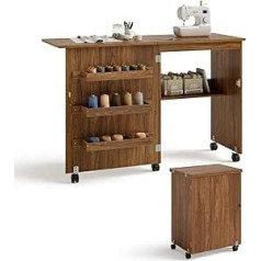 COSTWAY 2 in 1 Sewing Cabinet & Desk Foldable, Wooden Sewing Table with 3 Shelves for Bobbins & Lockable Wheels, Sewing Machine Cabinet for Living Room, Bedroom & Office (Coffee)