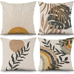 ASDCXZ Pack of 4 Boho Cushion Covers, 50 x 50 cm, Modern Abstract Art Line, Sun Leaves, Beige, Decorative Cushion Covers, Washable Polyester Flax Textile Upholstery Pillow Case Cushion Cover