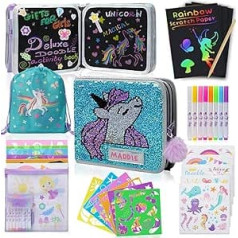 Amitié Lane Erasable Doodle Book with Stencils, Reusable Stickers, Scratch Paper Unicorn, Essential Travel Utensils for Children on the Plane, Arts and Crafts for Children 3-5 Years