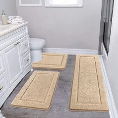 Pauwer Microfibre Bath Mat Set, 3-Piece Non-Slip Washable Bath Mat and Toilet Mat, Absorbent Bathroom Rug Set, Beige