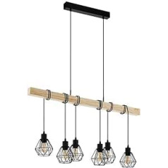 EGLO Townshend 5, 6-Bulb Vintage Pendant Lamp in Industrial Design, Retro Pendant Light Made of Steel and Wood, Colour: Black, Brown, Socket: E27.