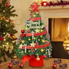 NCKIHRKK 50 cm Small Table Christmas Tree, 50 LEDs with Lighting, Red Star Treetop, Mini Artificial Decorated with 21 Christmas Tree Decorations, Red and Gold