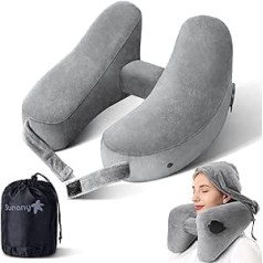 Sunany Neck Pillow Inflatable Travel Pillow Comfortably Supports Head, Neck and Chin, Aeroplane Pillow with Soft Velour Cover, Hat, Portable Drawstring, 3D Eye Mask and Earplugs (Grey)