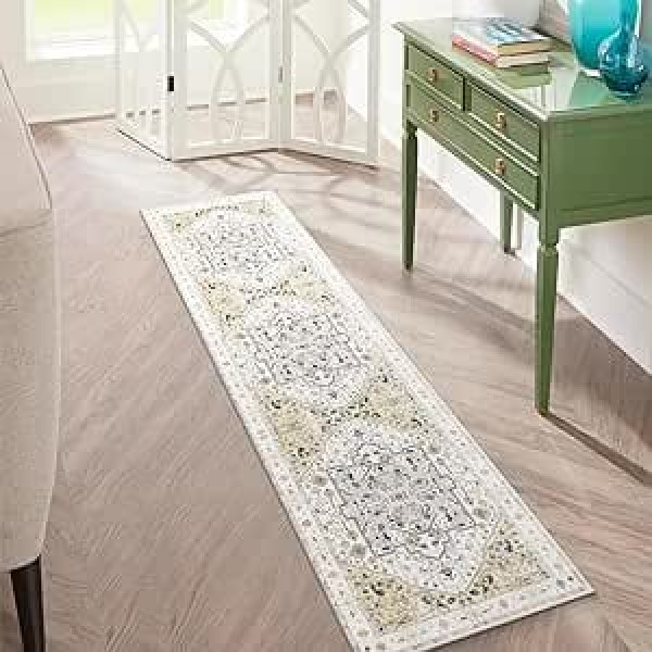 Carvapet Runner Rug, 60 x 210 cm, Non-Slip, Long Kitchen Rug, Washable Thin Rugs, Vintage Medallion Rug for Living Room, Bedroom, Kitchen (Yellow, Green)