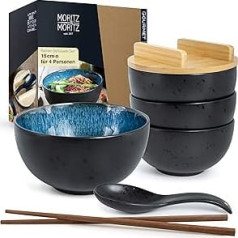 Moritz & Moritz Solid Set of 4 Ramen Blue Reactive Including Lid and Spoon, Black Ramen Bowl Set for 4 People, for Soup, Pho and Sushi Bowl