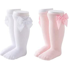 NANQUAN Maorrew 2 Pack Baby Girls Knee High Socks Bow Long Stockings Infants Toddlers Cotton Ruffled Uniform Leggings White/Light Pink 5-7 Years