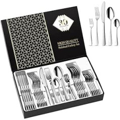 Aoeeppa Cutlery Set for 6 People, 30 Pieces, Stainless Steel Mirror-Polished Cutlery with Tablespoons, Dinner Forks & Knives, Cake Forks,Spoons, for Home, Kitchen, Restaurant, Dishwasher Safe (Silver)