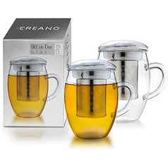 Creano All in One Tea Glass 400 ml Large Tea Cup with Stainless Steel Strainer and Glass Lid