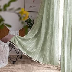 SASIGAYA Curtains, Boho Openwork Embroidered Curtains, Green Blackout Vintage Cotton Linen Curtain, Tassels, Country House Style Curtains for Bedroom, Living Room, Pack of 2, 140 x 220 cm
