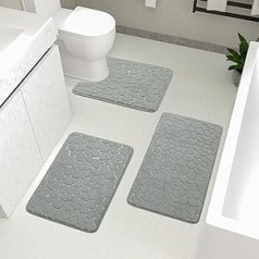 chakme Bathroom Rugs Sets 3 Pieces, Cobblestone Memory Foam Bathroom Mats Set Thick, Non-Slip Bath Mats for Bathroom, Absorbent, Washable, Light Grey Bath Rugs for Tub, Toilet and Floor