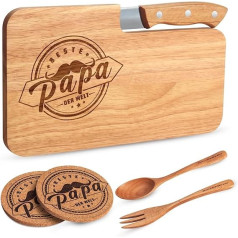 SLDALES Wooden Chopping Board, Best Dad Gift, Father Gifts, Breakfast Board, Wooden Board + Spoon Fork with Engraving + Glass Coaster