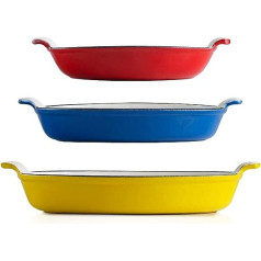 Big Smoke's Enamel Lasagne Dish - Set of 3 Enamelled Cast Iron Oven Dishes for Baking, Roasting, Stewing and Cooking, Versatile Casserole Dishes for Cooking and Serving in Yellow, Blue and Red