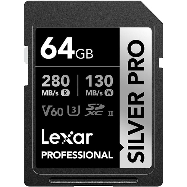 Lexar Silver Pro SD Card 64GB, SD Memory Card UHS-II, V60, U3, C10, SDXC Card, Up to 280MB/s Read, for Professional Photographers, Videographers, Enthusiasts (LSDSIPR064G-BNNAA)