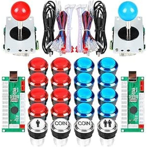 EG STARTS Arcade Schrank Teile 2x 8-Wege-Joystick + 16x LED beleuchtet Push Button + 2 Spieler + Münze Tasten für Raspberry Pi 3B Model Project DIY