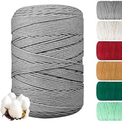 SPEEDSPORTING Cotton Yarn Macrame, 3 mm x 500 m Premium Cotton Macrame Yarn, 4 Threads Thick Cotton Rope Macrame Cotton Yarn for DIY Crafts, Hanging Plant, Boho Decoration, Hanging Basket (Grey)