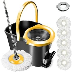 MASTERTOP Mop and Cleaning Bucket Set, Professional Floor Mop with Telescopic Handle, Cleaning Set with Foot Pedal, 5 Microfibre Pads and 1 Brush Head Included, for All Floor Types (Black + Yellow)