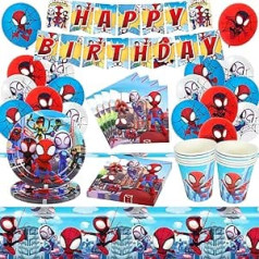 Spiderman Party Tableware Set, 60 Pieces Spiderman Birthday Decoration Party Tableware Children's Birthday Party Supplies Balloons, Banners, Plates, Cups, Napkins, Tablecloths for 10 Guests