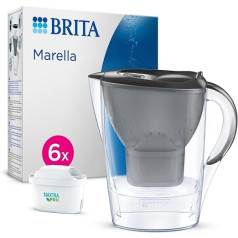 BRITA Marella Water Filter Jug Graphite (2.4 L) Including 6 x Maxtra Pro All-in-1 Cartridge (Half Year Package) - Filter for Reducing Limescale, Chlorine, Lead, Copper & Taste-Disturbing Substances in