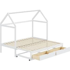 Idemon Extendable Cot Bed, Sofa Bed 90/180 x 190 cm with Drawers and Slatted Base, Pine Bed with Storage Space (White)