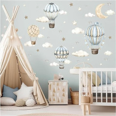 DEKO KINDERZIMMER Wall Sticker Hot Air Balloon Wall Sticker Watercolour Clouds Moon Wall Sticker for Baby Room Boho Boys Bedroom Wall Decoration DK1136-04