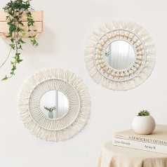 Betylifoy Pack of 2 Macrame Hanging Wall Mirror with Woven Fringes, Boho Round Decorative Mirror for Home, Bedroom, Living Room, Home Decor