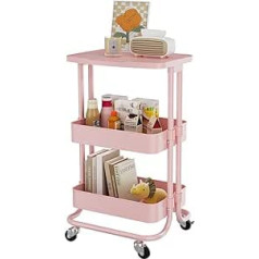 Dripex Kitchen Trolley 3 Tier Serving Trolley Kitchen Shelf Storage Trolley with Table Top on Wheels Bathroom Shelf Space Saving for Kitchen Bathroom Pink