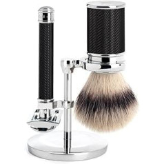 MÜHLE Traditional Shaving Set - Silvertip Fibre Brush, Slicer with Closed Comb, Chrome-Plated Metal Stand, High-Grade Resin Handle, Black