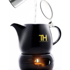 Thiru Teapot with Warmer Set - Double-Walled Porcelain Structure - 1.2 L Volume - Handmade Teapot Porcelain Ceramic - Includes Stainless Steel Strainer Insert and Warmer