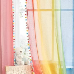 NICETOWN Children's Room Curtains with Colourful Pompoms Voile Curtains with Eyelets Set of 2 H 245 x W 140 cm Rainbow Curtain Transparent Linen Look Curtains with Colour Gradient