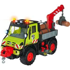 Dickie Toys Unimog Wooden Transporter - Electric Winch and Crane Arm with Joystick Control, with Sound and Light, for Children Aged 3+