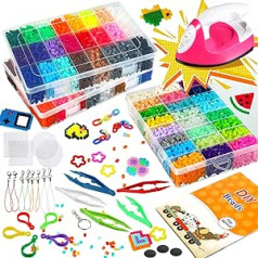 Yuxung 118-teiliges Sicherungsperlen-Set mit 72 Farben, 12600 Perlen, tragbares Mini-Eisen, 5 Stecktafeln, 5 Eisenpapier, 5 selbstklebende Magnetscheiben, 5 Pinzetten, 16 Schlüsselanhänger, 8