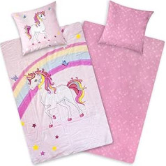 Aminata Kids Unicorn Flannelette Bed Linen 135 x 200 cm Children's Cotton Unicorn Motif Zip Warm & Cuddly Flannel Winter Bedding Set - Reversible Bed Linen Pink