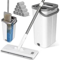 Myiosus Mop Set with Bucket, Cleaning Bucket with Mop, Floor Mop with Wring Function, 10 Microfibre Mop Pads Included, Wiper Set for Hardwood Tiles Marble Laminate