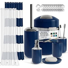 Bathroom Accessory Set with Shower Curtain Set, Soap Dispenser, Soap Dish, Toothbrush Holder with Cup, Shower Curtain Set with Liner and Hooks, Toilet Brush and Holder, Waste Bin, Navy Blue