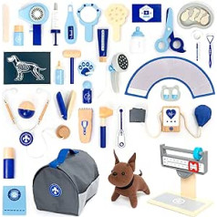 UMU® Veterinarian Wooden Play Set for Children with Dog Model, Stethoscope, Blood Pressure Monitor and Much More, Veterinary Toy for Role Play, 37-Piece Set for 3, 4, 5 Years Old Girls and Boys