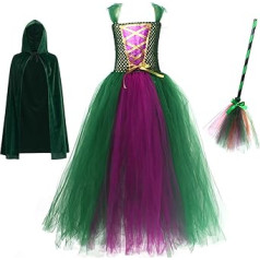IBTOM CASTLE Witch Costume Girls Halloween Costume Carnival Cosplay Party Dress Hocus Pocus Child Cape with Witch Hat Witch Broom Luxurious 3-Piece Set 2-12 Years Old