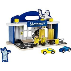 Theo Klein 3403 Michelin Service Station with 2 Cars, Wood, Including Lifting Platform and Fuel Pumps, Compatible with Wooden Tracks, Toy for Children from 3 Years