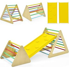 COSTWAY 3-in-1 Children's Climbing Triangle with Ramp, 2 Wooden Climbing Ladders for Gliding and Climbing, Maximum Load 60 kg, Indoor and Outdoor Use for Children from 3 Years