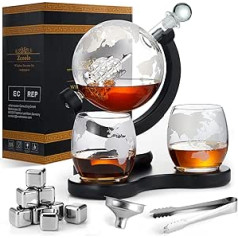 Zcoolo Whisky Decanter Set 850 ml Decanter, 2 Engraved Ball Glasses, Stainless Steel Funnel and 8 Stainless Steel Whisky Stones for Gin Rum Scotch Bourbon Vodka (A-850 ml)
