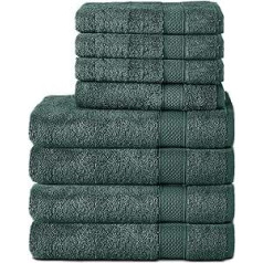 Komfortec Set of 8 Hand Towels 100% Cotton, 4 Bath Towels 70 x 140 cm and 4 Hand Towels 50 x 100 cm, Terry Cloth, Soft, Towel, Large, Dark Green