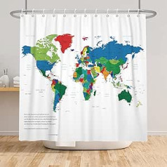 SDOTPMT 180 x 180 cm World Map Shower Curtain Coloured Map of the World Children Educational Theme Countries Cities Bath Curtain White Shower Curtain for Bathroom Polyester with Hooks