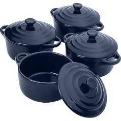 Belle Vous Ceramic Casserole Dish with Lid, Oven Safe (Pack of 4) - 170 ml Navy Blue Round Mini Cocotte - Potty with Lid, Stoneware with Handles for Baking, Souffle, Creme Brulee & Lasagna