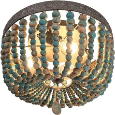 FIRVRE Grey Blue Natural Wooden Beads Chandelier Bohemian Vintage Rustic Boho Ceiling Light Farmhouse E27 Pendant Light for Dining Room Bedroom Hallway Stairs Kitchen Island Entrance Area