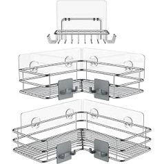 Nieifi Corner Shower Shelf with Hooks, Self-Adhesive Shower Shelf, Shower Basket for Corner Shower, Rustproof Shower Shelf, No Drilling, Soap Dish, Pack of 3