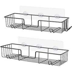 AmazerBath Self Adhesive Bathroom Shower Shelf Shower Wall Caddy with Hooks Stainless Steel Shower Storage Organizer Wall Mounted for Bathroom Kitchen Toilet - 2 Pack, Black