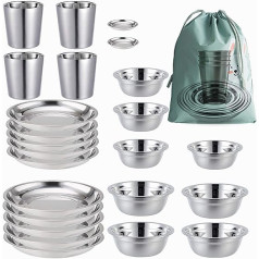 COTOM Stainless Steel Camping Cutlery (24 Piece Set) Outdoor Camping Set with Plates Cups Bowls Small Plate Comes with Travel Bag.Designed for Outdoor Picnics Travel Camping