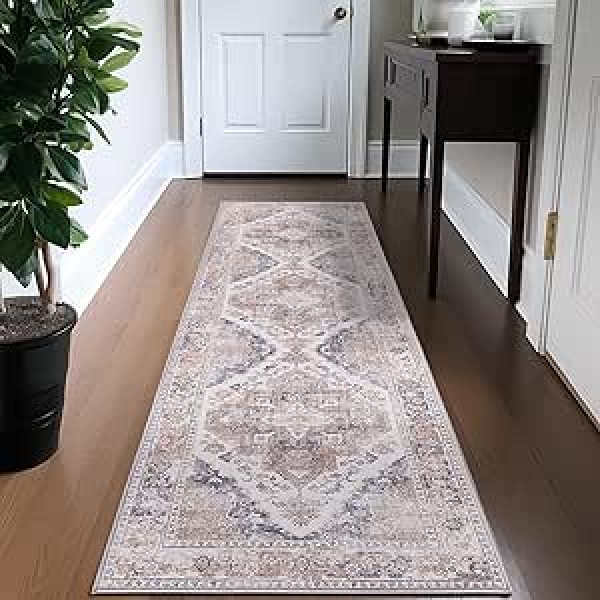 TOPICK Runner 60 x 300 cm Thin Carpet Runner Hallway Light Red Foldable Rug Vintage Rugs Non-Slip Rug Retro Elegant Runner Long Rug Kitchen Living Room Bedroom Dining Room