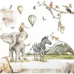 Grandora DL766-5 Wall Sticker Children's Room Safari Animals Monkeys Wall Decoration Zebra Sticker Baby Room Elephant Playroom Wall Picture Children's Sticker